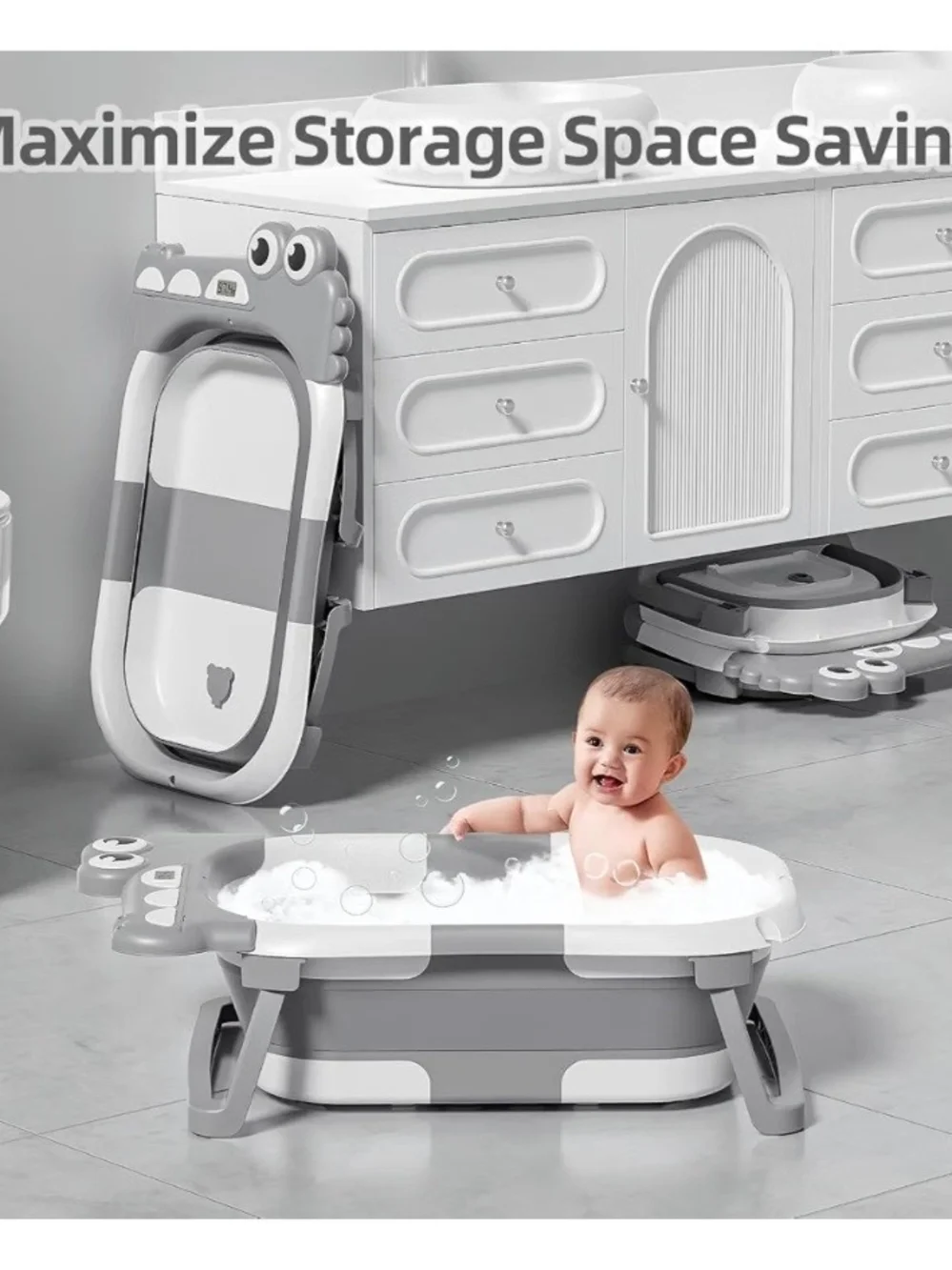 Gray Shark Print Folding Baby Bath Tub with Cushion
